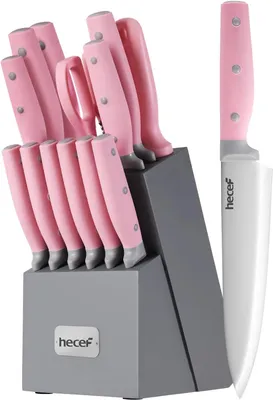 Produktbild von Küchenmesserset 14-teilig, mit Holzblock, Edelstahl, Antihaftbeschichtung, rosa, für Zuhause