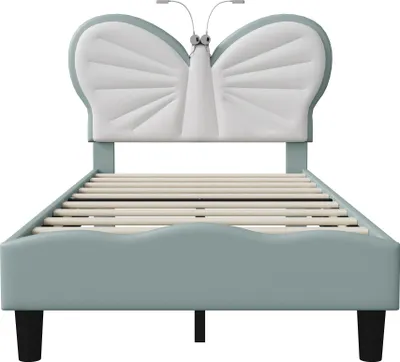 Produktbild von Polster-Einzelbett - 90 x 200 cm - Lattenrost inklusive - Integrierte Leselampe - Metallrahmen - Skandinavisches Design - Blau