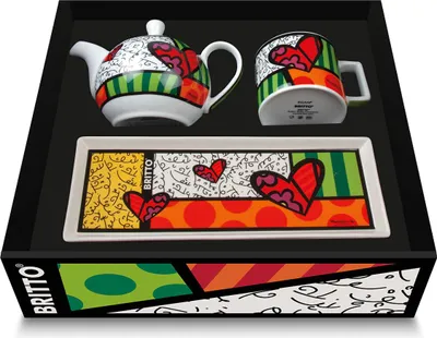 Zdjęcie produktu dla Gilde 3tlg. Set, Britto, Tablett, Tasse / Becher, Teekanne, "Heart", Herzmotiv, Porzellan, mehrfarbig, VE 1, L. 10 cm, B. 26 cm 81359 8059018033526