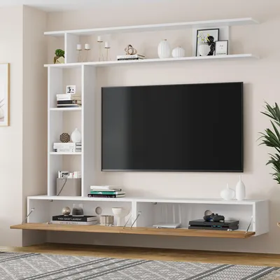 Image de okwish Ensemble meuble mural TV pour salon, avec meuble TV et étagère verticale ouverte, modulable, blanc + bois