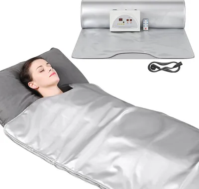 Zdjęcie produktu dla Koc do sauny – elektryczny koc grzewczy – wtyczka UE 220 V – pilot zdalnego sterowania – przenośny – odchudzanie i detoksykacja – 180 x 200 cm – jasnoszary