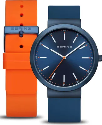 A Bering watch with an orange strap is shown next to the watch with its blue strap.