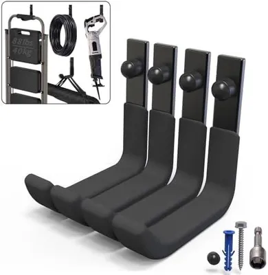 Produktbild von 4 Stück Schwerlast Wandhaken Garage, Robuste J Garagenhaken, Haken zum Aufhängen, Stahl-Wandhalterung Werkstatt Organizer für Aufbewahrung von Leitern, Werkzeugen, Gartengeräten (10cm, 40kg)