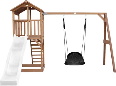 Obrázok produktu pre AXI Beach Tower drevená veža na hranie v hnedej farbe | domček na hranie pre deti s bielou šmykľavkou, hojdačkou a pieskoviskom | domček na kolo do záhrady