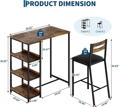 Immagine prodotto di Set da pranzo per 2 persone: tavolo da cucina con sgabelli da bar, tavolo con ripiani, design salvaspazio, struttura in metallo, colore marrone rustico