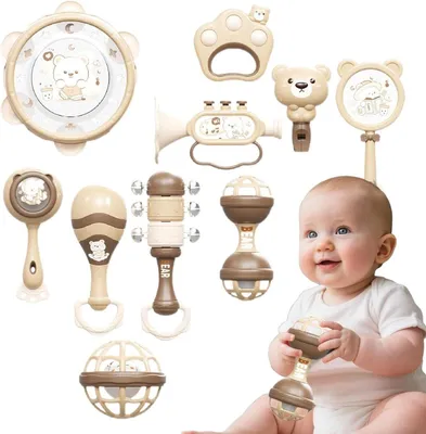 Productafbeelding van Minicee Baby Rammelaar Set, 10-delig. Sensorisch speelgoed, bijtring, muziekspeelgoed, geschikt voor kinderen vanaf 12 maanden. Kleur: bruin