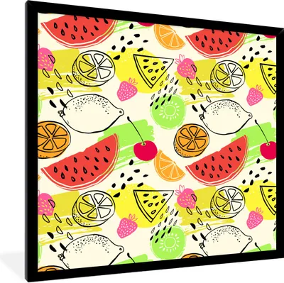 Produktbild von MuchoWow® Gerahmtes Poster Wassermelone - Obst - Muster 40x40 cm - Poster mit Schwarzem Bilderrahmen Wandposter Rahmen Foto Bilder - Mit Rahmen - Wanddekoration Schlafzimmer