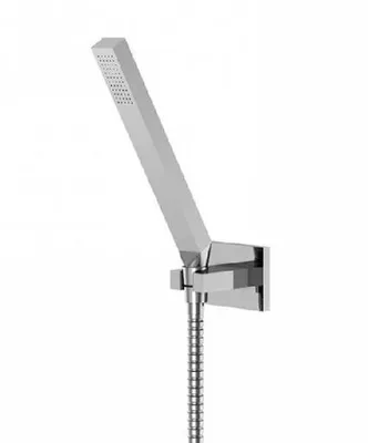 A modern, minimalist shower head and hose assembly mounted on a wall.