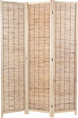 A three-panel room divider made of woven reeds or bamboo with wooden frames, standing against a white background.