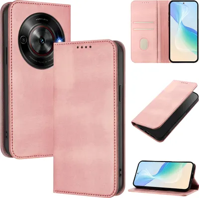 Produktbild von Handyhülle für ZTE Blade A75 5G/Nubia Focus 5G, Vintage Leder RFID Schutz Kartenfach Standfunktion Magnetische Klapphülle Pink