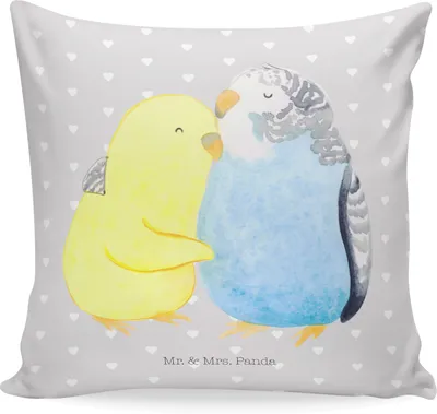 Produktbild von Mr. & Mrs. Panda Dekokissen Wellensittich Liebe - Grau Pastell - Geschenk, Verknallt, Polster, Sofakissen, Heiraten, Deko Kissen, Kuschelkissen, Umarmung, 40x40, Kuscheln