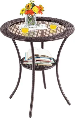 Productafbeelding van Ronde Bistrotafel met 2 Niveaus, PE-Rotan en Glasplank voor Binnen en Buiten
