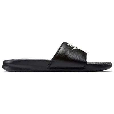 A black Nike slide sandal with a white Nike logo on a white background.