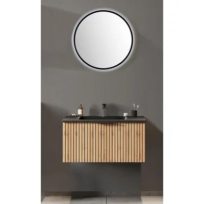Produktbild von Waschplatz Set 80cm, Waschbecken schwarz matt, Eiche, LIVINGSTON-03