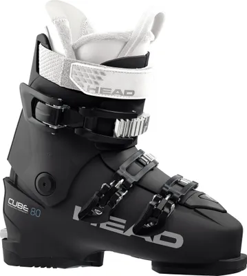 A black ski boot with white interior lining and silver buckles, shown from a side-diagonal view against a white background.