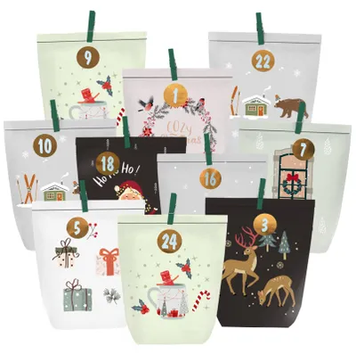 Adventskalender zum Befüllen, 24 Papier-Weihnachtstüten mit Zahlenstickern