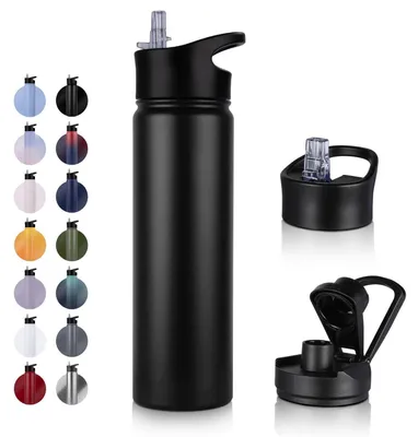 Immagine prodotto di Borraccia in acciaio inossidabile da 750 ml con cannuccia, a prova di perdite, isolata, colore nero