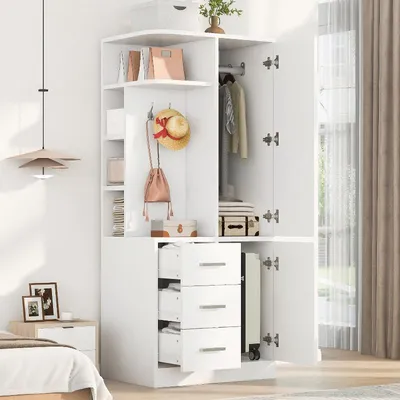 Zdjęcie produktu dla Biała szafa z drzwiczkami o wymiarach 70x50x170 cm, wyposażona w półki, szuflady, przegródki i drążek na wieszaki