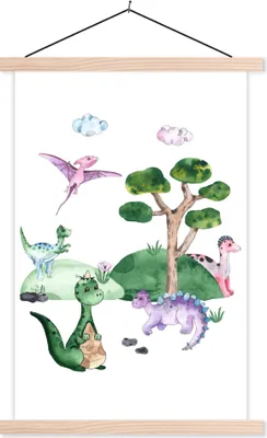 Produktbild von MuchoWow® Textilposter Kinderzimmer - Dinosaurier - Weiß - Jungen - Mädchen - Kinder 120x180 cm mit holzfarbenen Rahmen - Textil-Plakat