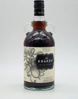 A bottle of The Kraken Black Spiced Rum against a white background.