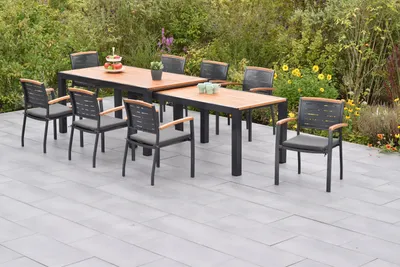 Produktbild von Merxx Gartenmöbel Set Tinos 17tlg., 8 Stapelsessel inkl. Kissen, Flex Ausziehtisch 180 (180) x 100 (83) x 80 (74) cm- Aluminium/Akazie