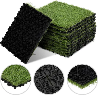 Obrázek produktu pro Eikuavons umělá tráva, dlaždice 30x30 cm, 110 kusů (10 m²) – dlaždice pro terasy a balkony s drenážním systémem, realistický vzhled a snadná montáž, vhodné pro vnitřní i venkovní použití