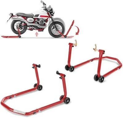 Obrázek produktu pro Stojan na motocykly, vhodný pro přední i zadní kolo, V-držák pro motocykly, červený