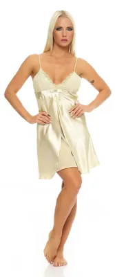 Produktbild von Damen kurzes Satin Negligé Nachtkleid Reizwäsche mit Spitze; Beige/S