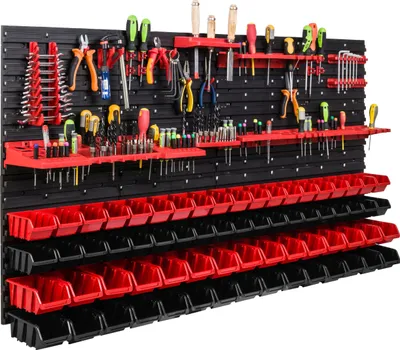 Immagine prodotto di Sistema di stoccaggio Scaffale da officina | 156 x 78 cm | 68 pezzi Scatola | Scaffale a muro con supporti per utensili e contenitori impilabili - Pannelli a muro Scaffale extra forte Scaffale forato per utensili Scaffale da magazzino Scaffale da garage