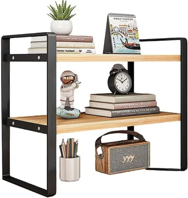 Bücherregal 2-stufig, Schreibtisch-Organizer, Holz, Schwarz+Holzfarbe