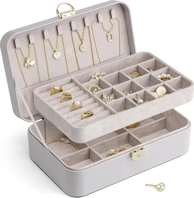 Image de Vlando Boîte à bijoux pour filles Femme, double couche, verrouillable, Gris
