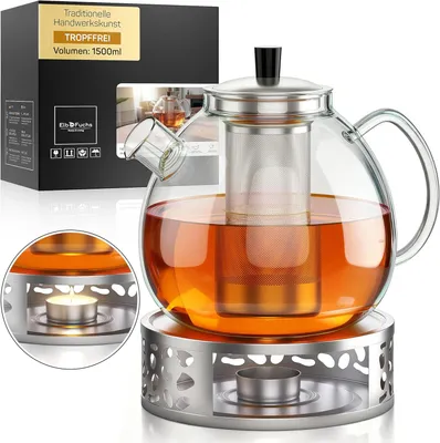 Produktbild von Teekanne Glas 1,5 Liter mit Siebeinsatz und Stövchen - Borosilikatglas - Glaskanne mit Edelstahl-Filter, tropffrei - Teezubereiter für losen Tee, Kräutertee und Teeblumen