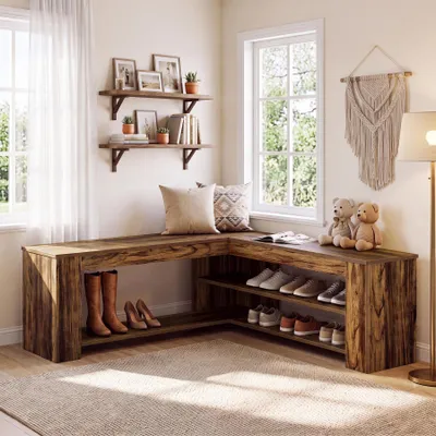 Produktbild von Tribesigns 120 cm L-förmige Schuhbank mit Stauraum, Landhausstil Eingangsbank für Eingangsbereich, Esszimmer, Wohnzimmer, Rustikales Braun