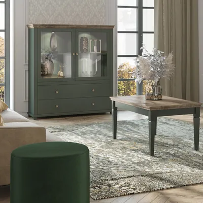 Produktbild von Wohnzimmer Möbel Set Epsom-83 Couchtisch und Vitrine in grün mit Lefkas Eiche Nb.