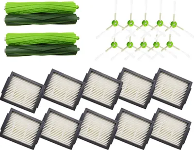 A collection of cleaning accessories for a robot vacuum cleaner, including brushes and filters.