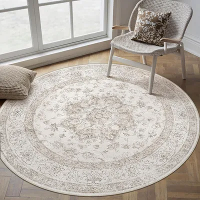 Zdjęcie produktu dla Okrągły dywan, średnica 240 cm, możliwość prania, styl vintage, kolor beżowy, wykonany z poliestru, antypoślizgowy