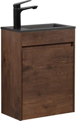 Produktbild von Badplaats Gäste-WC Waschtisch Set Sinta 40 x 22 cm Walnuss Braun - Badmöbel Set mit Schwarze Waschbecken und Unterschrank, Vormontiert und mit Soft-Close
