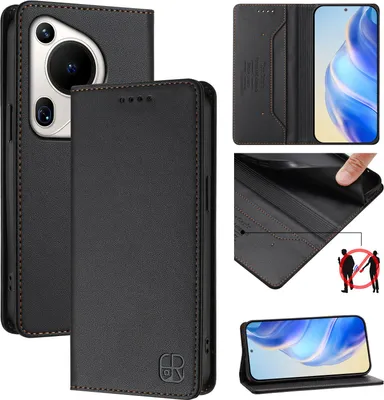 Obrázek produktu pro Kožené pouzdro pro Huawei Pura 70 Ultra, flipové pouzdro s přihrádkami na karty, peněženkou a stojánkem Černý