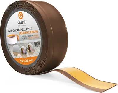 Produktbild von QUEST Weichsockelleiste Selbstklebend 70x20mm, 25m, Sockelleiste Knickleiste aus PVC Kunststoff, Flexible Fußleiste, braun