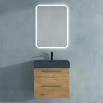 Produktbild von Mai & Mai Badmöbelset Komplett Set Waschbeckenunterschrank 60cm Unterschrank in Kerneiche mit Waschschbecken und LED-Badspiegel Quadratto