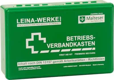 A green first aid kit with white text and symbols.
