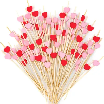 Image de Brochettes pour cocktails, en bois, forme cœur, 200 pièces, rose et rouge, 12 cm