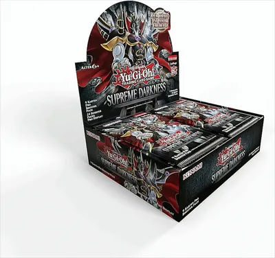 A display box of Yu-Gi-Oh! TCG Supreme Darkness booster packs.