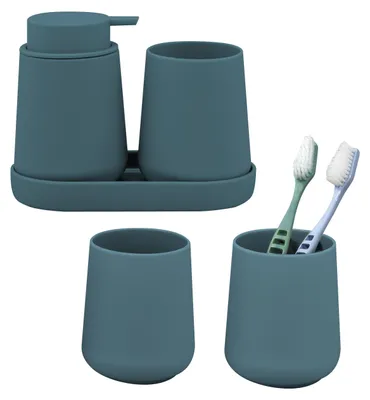 Image de Ensemble de salle de bain eluno TESERO 5 pièces comprenant 1 distributeur de savon, 3 gobelets et 1 bol, en plastique bleu