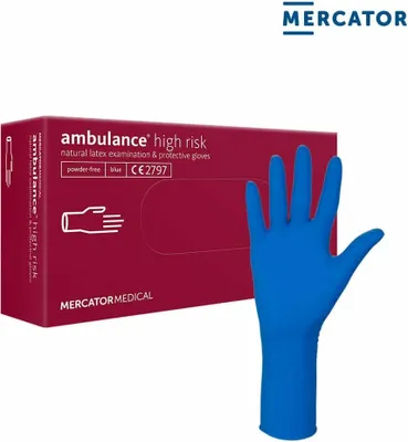 Produktbild von Einweghandschuhe Latex Puderfrei 50 Stück Ambulance HIGH RISK A50 Premium Stark 30 cm, Größe:M - 50 Stück