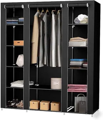 Produktbild von Kleiderschrank mit Holzplatten - Offene Stoffschrank für Schlafzimmer und Ankleidezimmer - 150 x 45 x 175 cm - 12 Fachraum