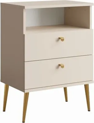 Image de Table de Chevet 2 Tiroirs avec Niche - beige et pieds en métal doré - Collection Aurora