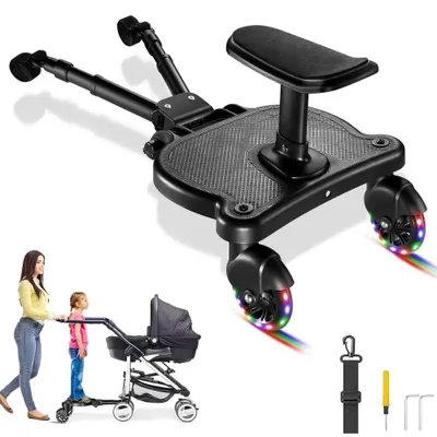 Obrázek produktu pro Buggyboard – Podložka s opěrkou a sedákem – Univerzální, vhodná pro většinu kočárků – Otočná o 360° – Nosnost do 25 kg – Pro 2 děti ve věku 3–6 let – Černá barva