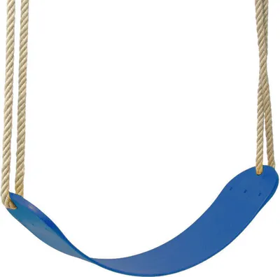 A blue swing seat with beige ropes, isolated on a white background.
