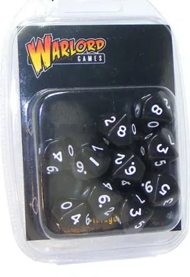 Produktbild von 10 schwarze zehnseitige D10 Würfel mit weißen Zahlen